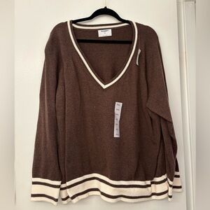 NWT Brown V-Neck Sweater with Cream Accents
